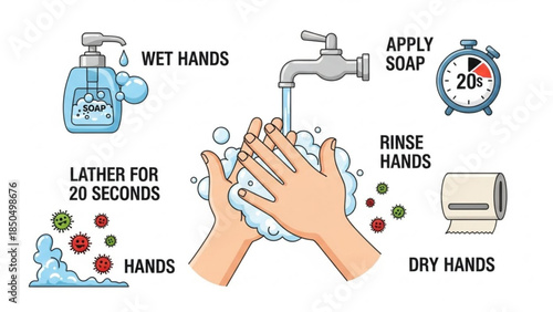 Step-by-step illustration of proper handwashing technique including soap water and germ icons for hygiene and health awareness