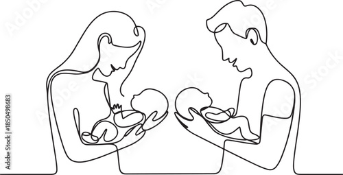 Vector one line art set of illustrations of mother and father holding a new born baby heels and hands.one line  vector illustration  with out background