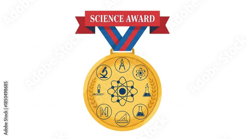 Gold science award medal with ribbon featuring atomic symbol and scientific icons representing achievement and recognition in research and education