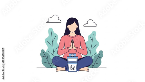 Woman meditating in lotus pose with prayer hands peaceful mind and calm body concept flat vector illustration for wellness and yoga
