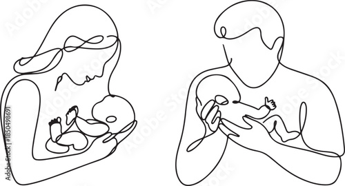 Vector one line art set of illustrations of mother and father holding a new born baby heels and hands.one line  vector illustration  with out background