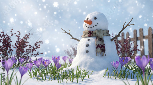snowman on frozen springlike scene where the snow is melting and spring flowers are blooming
