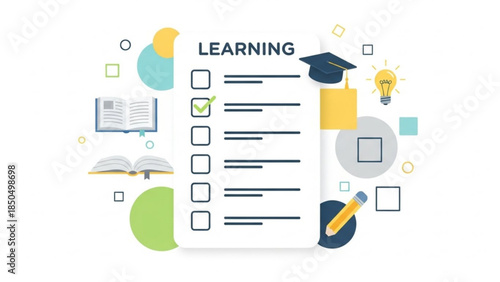 Learning checklist with graduation cap and lightbulb representing education and knowledge flat vector illustration for concept design