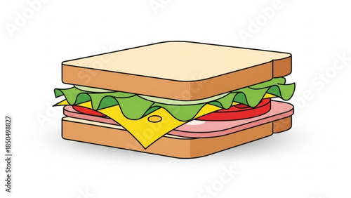 Simple illustration of a ham and cheese sandwich with lettuce and tomato a classic food item for breakfast or lunch isolated on white