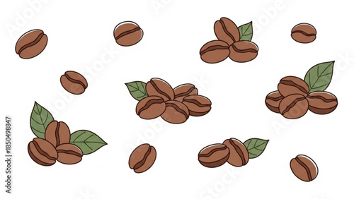 Collection of hand-drawn coffee beans with green leaves isolated on white background perfect for cafe branding and beverage concepts