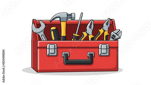 Red toolbox filled with various hand tools a practical illustration for construction repair and DIY projects isolated on a white background