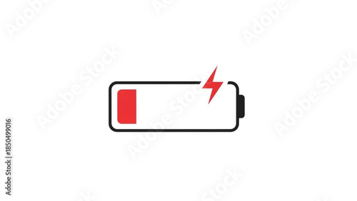 Low battery icon with red lightning bolt symbol for power depletion and charging isolated on white background
