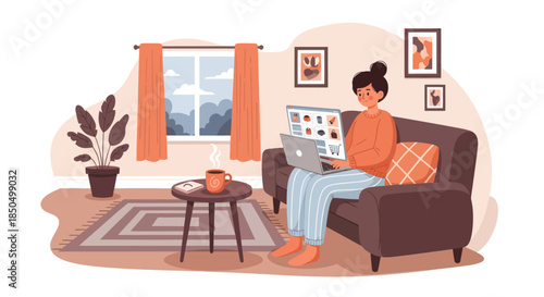 A woman shops online and works from home comfortably on her couch.