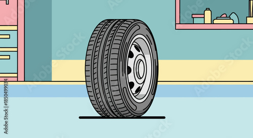 Modern car wheel ready for auto service in a minimalist garage.