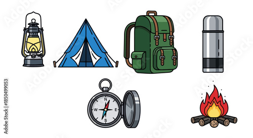Camping and Outdoor Adventure Essentials Icon Set