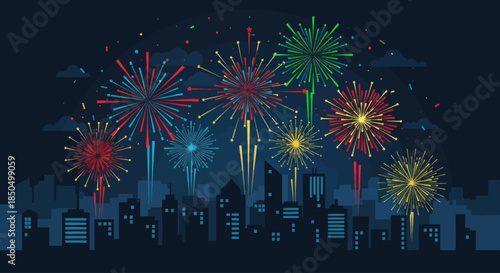 Colorful fireworks light up the city skyline during a festive night celebration.