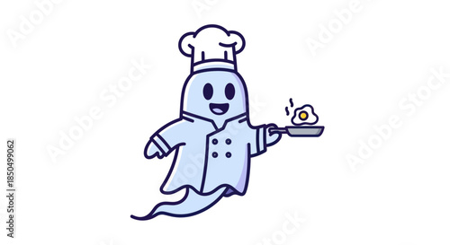 Cute chef ghost cooking a fried egg in a pan.