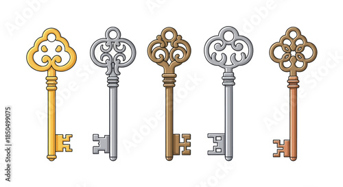 Collection of five antique skeleton keys isolated on white background.