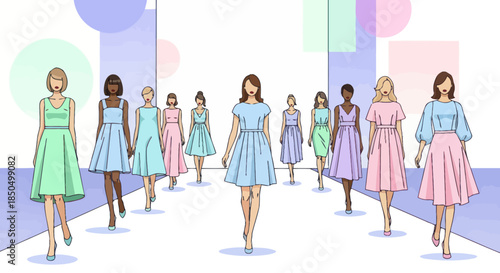 Fashion show with diverse models showcasing elegant pastel dresses on a runway