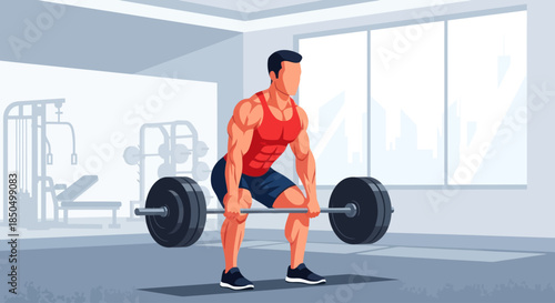 Muscular Man Lifting Weights in a Modern Gym Setting