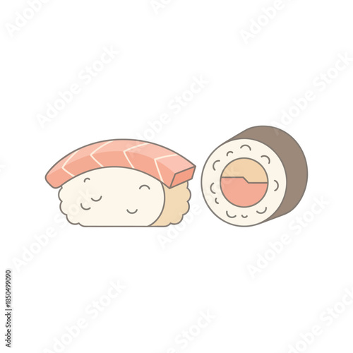 Cute sushi and maki roll with happy faces in a flat design style.