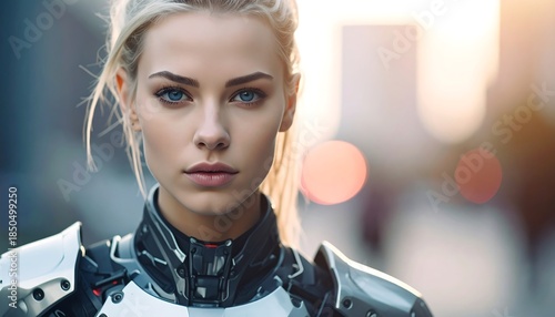 Close-up of a fair-skinned woman with blonde hair, wearing futuristic armor, set against a blurred city backdrop