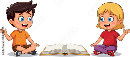 Cute Cartoon Boy and Girl Sitting and Waving Next to a Large Open Book, Happy Kids and Education Vector Illustration for Learning and School.