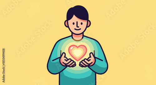 Illustration of a person radiating a glowing heart, symbolizing inner love and emotional wellness.