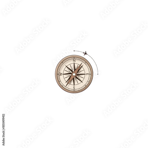 Travel and navigation concept with a compass and airplane flight path.