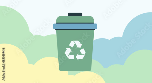 Green recycling bin icon on a pastel background for eco-friendly design.