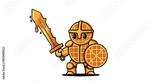A cute cartoon waffle knight character with a syrup sword and shield.