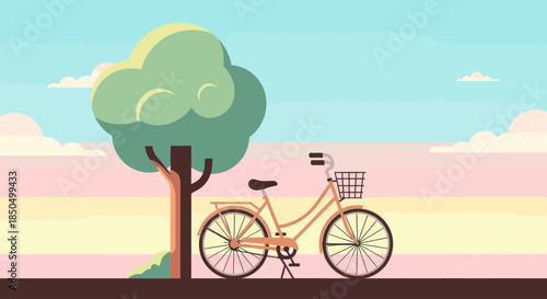 Peaceful summer landscape with a bicycle parked under a tree