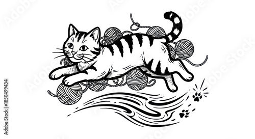 Playful cat jumping with yarn balls illustration