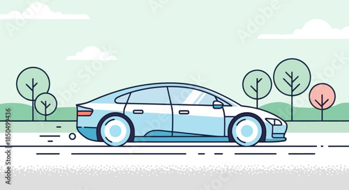 Electric vehicle driving through a green landscape in a clean, modern illustration.