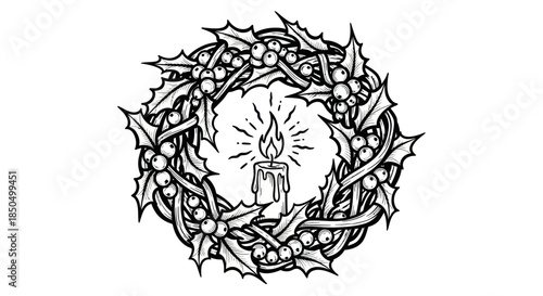 Christmas Holly Wreath with Burning Candle Light