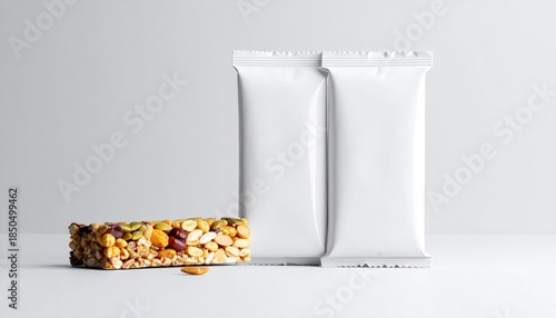Healthy snack bar next to two blank white packaging