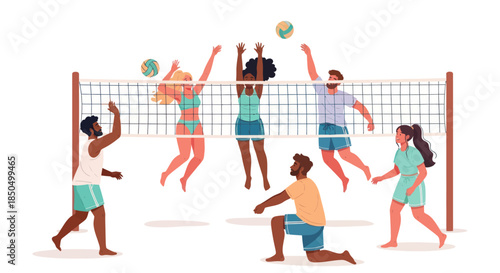 Diverse group playing beach volleyball game