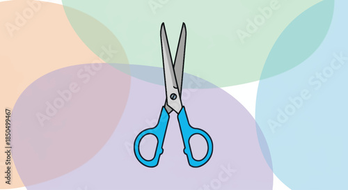Colorful cartoon scissors with open blades on an abstract background.