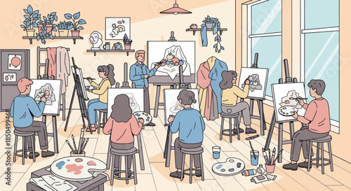 People learning to paint still life compositions in an art class studio.