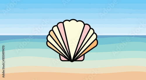 Colorful seashell illustration on a beach background.