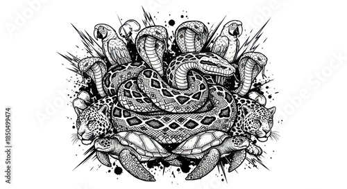 Intricate black and white wild animal illustration with snakes, leopards, turtles, and parrots.