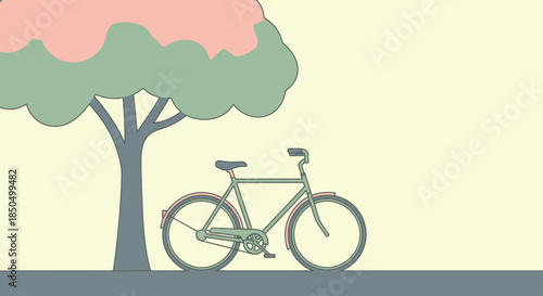 Vector illustration of a bicycle parked under a tree on a calm day.