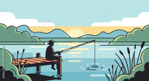 Man fishing on a wooden pier at sunrise or sunset in a tranquil nature landscape