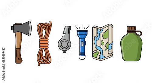 Essential Camping and Outdoor Survival Gear Set Vector Illustration