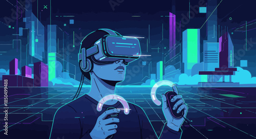 Immersive virtual reality experience in a futuristic digital world.