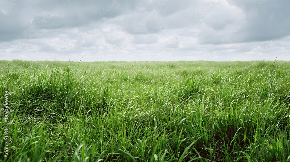 Fototapeta premium Lush Green Grassland Under a Cloudy Sky - A Serene Landscape.