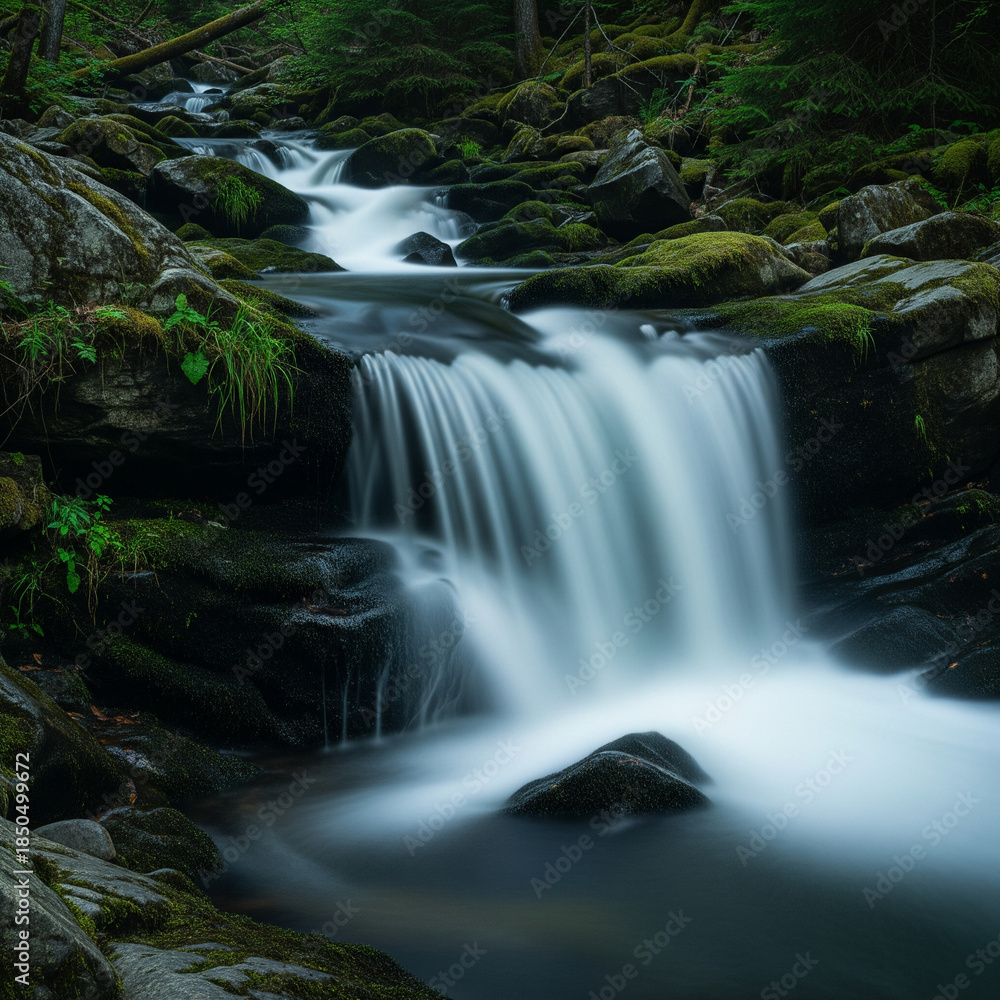 Fototapeta premium A serene long exposure shot of a beautiful waterfall cascading over moss-covered rocks in a vibrant green forest, creating a tranquil natural scene.