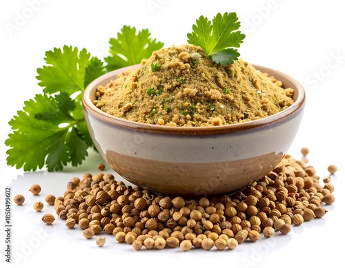 Close-up of a ceramic bowl filled with ground spice, surrounded by whole seeds and fresh green leaves, all on a white background
