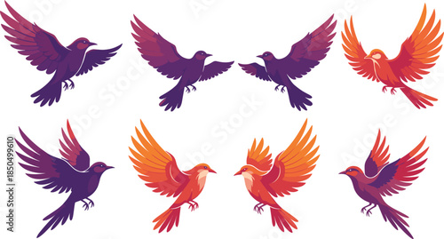 Flying bird vector set, colorful gradient wings, stylized flight poses, symmetrical composition, vibrant avian silhouettes, nature, freedom, motion, design