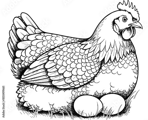 Hen with eggs illustration, black and white drawing, farm animal vector, nesting bird, realistic poultry art, nature, agriculture, rural