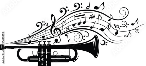Trumpet vector illustration, musical notes flow, black and white design, jazz instrument art, music expression, melody, sound, performance, creativity