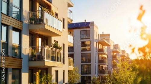 Eco-friendly multifamily homes with solar panels, offering energy-efficient living, soft blur background