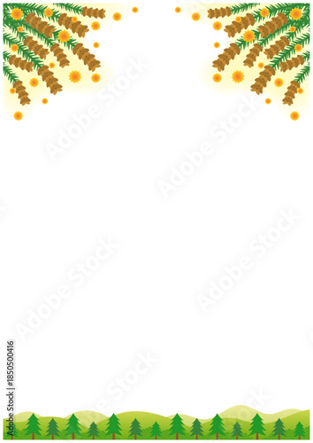 スギ花粉が舞う春の森フレーム 縦型 花粉症背景