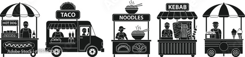 Street food stall icons set featuring black silhouettes of hot dog cart, taco truck, noodle stand, kebab shop, and ice cream.