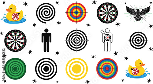 Target icons set, shooting gallery collection with bullseye, dartboard, rubber duck, spiral, human silhouette, eagle symbol, and colorful circular aiming marks.